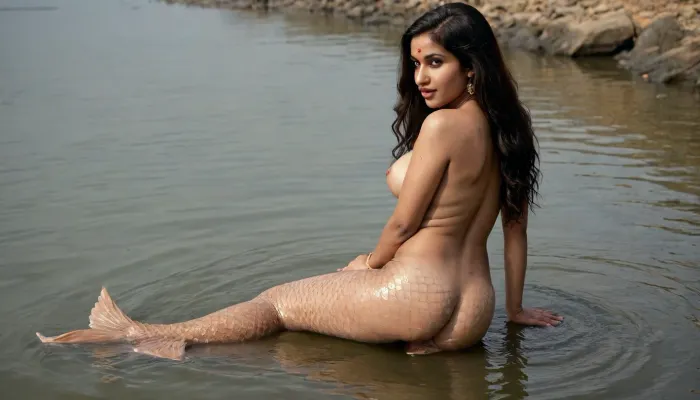 Realistic Indian marathi women mermaid, 35 years old, realistic mermaid tail, full body fish skin nude, in a Ganges Ghat, big boobs, perfect upper women body, perfect down mermaid tail, perfect hands, perfect fingers., <lora:bimboxl_02:.7>, <lora:522195_training_data:1>, <lora:576741_training_data:1.1>, <lora:430658_training_data:.8>