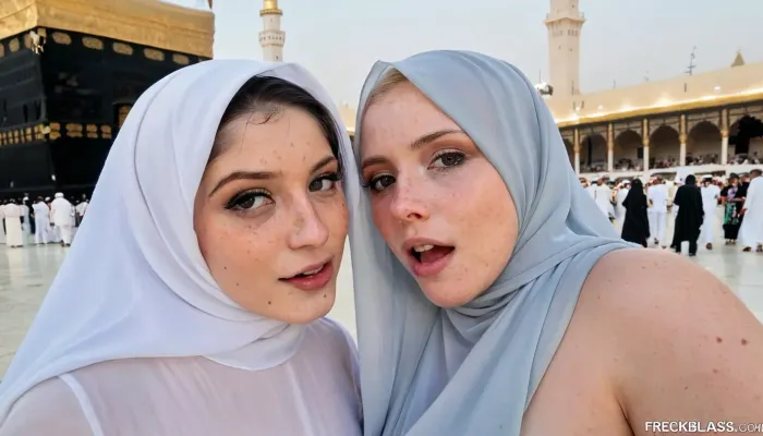 freckled, (18 years old lesbians:1), biting lips, in verg long line, in front of kaaba, wearing transparent hijab, white skin, <lora:SDXLHighDetail_v5:.9>
