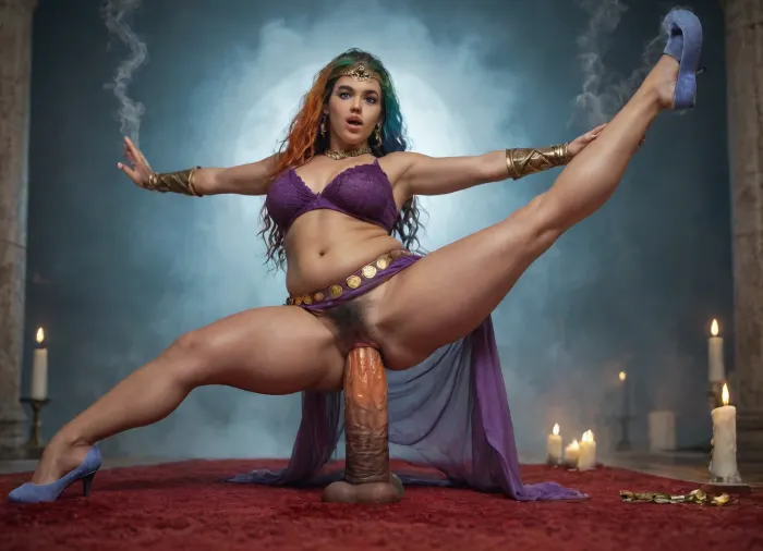 cinematic, close-up, 10-15x zoom, A magical Genie woman in a glass dome being surrounded by orange green blue smoke with a red rug long rainbow hair is levitating lifting both legs in the air, raising her hands to showing her strength, enjoys swirling orange smoke with gauntlets made of smoke while having extreme pussy penetration by gigantic dildo, twisting blue smoke, swirling green smoke, (solo, girl, woman, 24yo, Genie, long rainbow hair, bells on belt, (highly detailed face), square chin, wide nose, fat cheeks, dimples, eyes open wide, excited, serious, well-balanced, short, plump, stocky abs, hairy pussy, tanned skin, magical, strong, wise, artist, levitating, (splits:1.4), having extreme pussy penetration by gigantic dildo made of smoke, no anal, raising both legs off ground, purple lace dress, golden headpiece, belly dancing belt, wrist gauntlets made of orange smoke, blue ballet slippers made of smoke, (highly detailed background), smoke in foreground, smoke, fog, swirling smoke, gold coins, candles, twisting smoke, gauntlets made of smoke, red rug, gigantic dildo made of smoke), romantic lighting, dynamic camera angle, telephoto lens