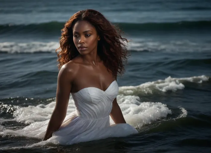 embedding, shiny, sparkling, african american woman, elegant, black background, long hair, auburn hair, expressiveh, waves, ocean, transparent white dress, water
