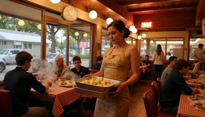 A bustling pelmeni diner at night, steam fogging the windows. A young waitress, (20s), nude naked in Soviet-era uniform — floral apron over beige dress — carries stacked aluminum trays of dumplings. Behind the counter, babushka in headscarf ladling sour cream, neon 'ПЕЛЬМЕНИ' sign buzzing. Tables with checkered cloths, students eating, old men playing chess. Kitchen glimpse, giant boiling pots, hanging garlic braids. Fisheye lens, warm tungsten lighting, Kodak Gold 200 film grain. Style, socialist realism meets urban nostalgia. nude naked