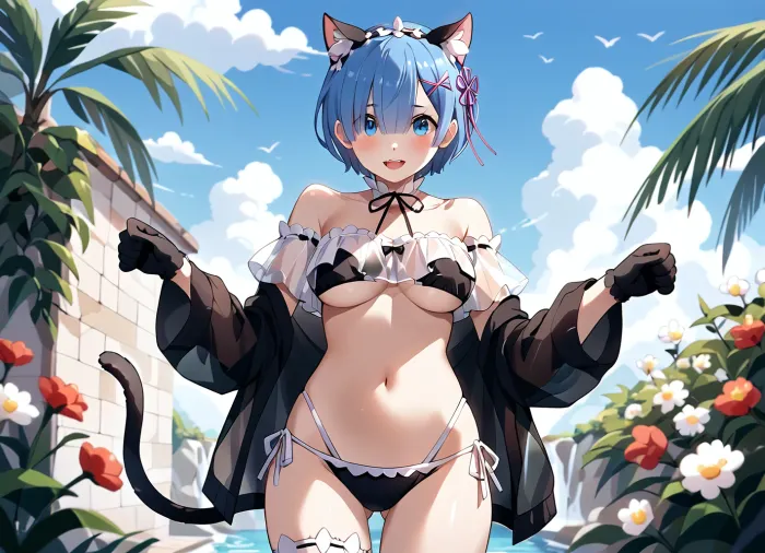 (re, zero_kara_hajimeru_isekai_seikatsu), (rem_, (re, zero)), 1girl animal_ears animal_hands bare_shoulders bikini black_bikini black_shirt black_tail black_thighhighs blue_eyes blue_hair breasts cat_ears cat_tail character_name cross-laced_clothes fake_animal_ears fake_tail flower_knot gloves hair_ornament hair_over_one_eye hands_up large_breasts looking_at_viewer navel off-shoulder_shirt off_shoulder open_mouth paw_gloves paw_print see-through_clothes see-through_shirt shirt short_hair solo strapless strapless_bikini string_bikini swimsuit tail teeth thighhighs thighs underboob upper_teeth_only x_hair_ornament, (<lora:ToraFurry_XL_p2-t1:1>)