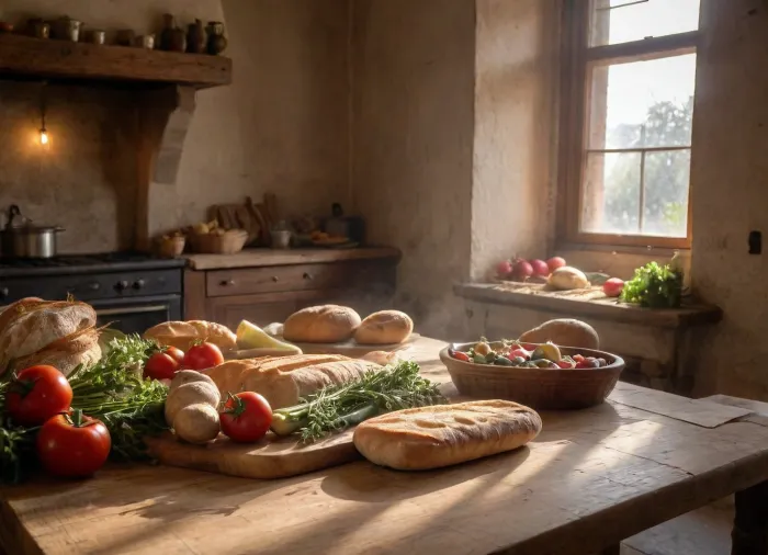 Big old kitchen table full of vegetables and fresh made bread, on the background rustic italian kitchen, god, rays, sunbeams, sunbeam, <lora:polyhedron_god rays-000007:1.1>