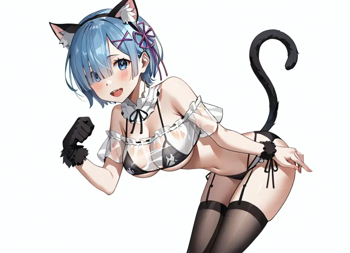 (re, zero_kara_hajimeru_isekai_seikatsu), (rem_, (re, zero)), 1girl animal_ears animal_hands bare_shoulders bikini black_bikini black_shirt black_tail black_thighhighs blue_eyes blue_hair breasts cat_ears cat_tail character_name cross-laced_clothes fake_animal_ears fake_tail flower_knot gloves hair_ornament hair_over_one_eye hands_up large_breasts looking_at_viewer navel off-shoulder_shirt off_shoulder open_mouth paw_gloves paw_print see-through_clothes see-through_shirt shirt short_hair solo strapless strapless_bikini string_bikini swimsuit tail teeth thighhighs thighs underboob upper_teeth_only x_hair_ornament, (<lora:OIS Gold Fish Style LoRA_SeaArt Furry XL 1.0:1.4>)
