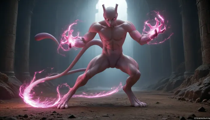 Mewtwo, Pokémon, 3D, Fantasy, A large, powerful, and intimidating psychic-type Pokémon floating slightly above the ground in a ready stance, with a sleek, humanoid yet alien appearance, pale gray-purple skin with a deep purple tail that curls behind, muscular limbs and three-fingered hands held outwards in a focused, battle-ready pose, glowing violet eyes full of intelligence and intensity, a cat-like face with no visible nose, long legs and defined chest muscles, exuding raw psychic power, mystery, and superiority, giving off a subtle aura of energy and dominance