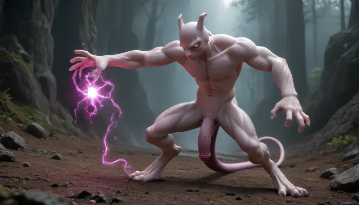 Mewtwo, Pokémon, 3D, Fantasy, A large, powerful, and intimidating psychic-type Pokémon floating slightly above the ground in a ready stance, with a sleek, humanoid yet alien appearance, pale gray-purple skin with a deep purple tail that curls behind looks like a cock, muscular limbs and three-fingered hands held outwards in a focused, fingers looks like glans, battle-ready pose, glowing violet eyes full of intelligence and intensity, a cat-like face with no visible nose, long legs and defined chest muscles, exuding raw psychic power, mystery, and superiority, giving off a subtle aura of energy and dominance, soft hanging cock between legs