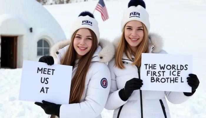 A snowy winter landscape with a igloo. Two young women, different haircolors, wearing winter coatS, bobble hatS, gloves, smiling, one is holding a sign with text "MEET US AT", the other one is holding a sign with "THE WORLDS FIRST ICE BROTHEL".
