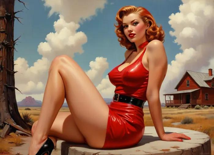 A pin-up style illustration of a young woman with a mid-20th century retro aesthetic. Full length. She has large expressive eyes, white skin, soft wavy fire elemental hair in a 1950s hairstyle, and a cheerful or playful expression. She is wearing classic leather BDSM clothing. Her body type is medium, with natural curves, no exaggeration, realistic proportions. She appears in dynamic or charming poses, reflecting mid-century pin-up art. The lighting is soft and vintage-inspired, with a clean background or stylized setting appropriate to the theme, (e.g. post-apocalyptic landscape), . Illustration is rendered in traditional pin-up painting style, (like Gil Elvgren), with warm tones and gentle shading, sagging, style, of, Art, Frahm, latex, matte, shiny, inflatable, Worthington, Whittredge, Style, <lora:sagging-000015:2>, <lora:tbh210-sdxl:1.5>, <lora:shinylatex-merged:2>, <lora:Worthington Whittredge Style:1>