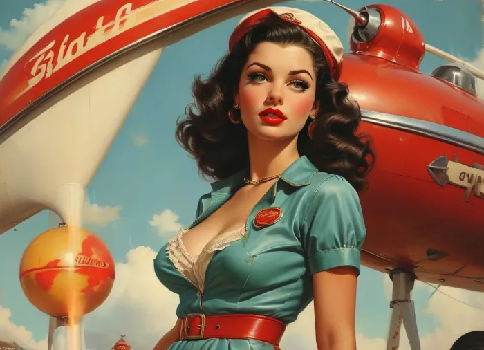 A pin-up style illustration of a young woman with a mid-20th century retro aesthetic. Full length. She has large expressive eyes, white skin, soft wavy fire elemental hair in a 1950s hairstyle, and a cheerful or playful expression. She is wearing classic leather BDSM clothing. Her body type is medium, with natural curves, no exaggeration, realistic proportions. She appears in dynamic or charming poses, reflecting mid-century pin-up art. The lighting is soft and vintage-inspired, with a clean background or stylized setting appropriate to the theme, (e.g. post-apocalyptic landscape), . Illustration is rendered in traditional pin-up painting style, (like Gil Elvgren), with warm tones and gentle shading, sagging, style, of, Art, Frahm, latex, matte, shiny, inflatable, Worthington, Whittredge, Style, <lora:sagging-000015:2>, <lora:tbh210-sdxl:1.5>, <lora:shinylatex-merged:1.5>, <lora:Worthington Whittredge Style:1>, <lora:MJ52:1>
