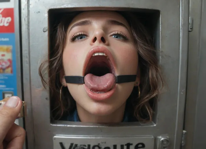 (woman is stuck with her hips in a round hole with metal rim in a vending machine), (her bust and hands are protruding from round holes in the front of the vending machine), (score_9, score_8_up, score_7_up, UHD 8K, masterpiece, best quality, maximum details, natural light, extreme realism, cinematic still), (very happy), (her hands are protruding from holes:1.3), (stuck in hole with metal rim), (wide mouth spreader ring gag, gaping mouth:1.5), (leaning forward), (box is low mounted, close to floor), (huge penis), (she stares at erect penis in front of her face)
