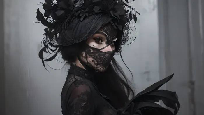 An oil painting in bright pastels of a woman with an elaborate, gothic-inspired theme. She is shown from the shoulders up, with her face partially obscured by an ornate masquerade mask. The mask is highly detailed, featuring intricate, symmetrical designs with floral and baroque patterns, giving it a baroque and gothic feel. The woman's lips are painted a deep, dark color. Her hair is styled in an elegant updo, adorned with a crown of large, artificial white flowers, adding a touch of contrast and softness to the otherwise dark and dramatic scene. The background is a richly textured floral pattern, enhancing the baroque theme of the mask and flowers. The lighting is soft yet focused, highlighting the contours of her face and the textures of the mask and flowers, creating a dramatic and mysterious atmosphere. The overall composition is striking, with a strong contrast between the dark elements of the mask and lips and the lighter, softer elements of the flowers and background. The photograph captures a blend of elegance and gothic mystery. #©KITTYART