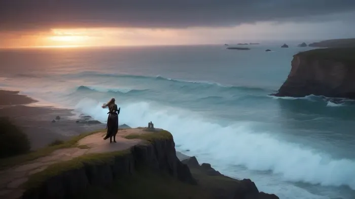 An illustration of the Germanic goddess Nehalenia. She stands on a cliff-lined beach by the sea, awaiting the warriors' unfailing return. She is ruler of the ocean and the storm. She sees the sails of the longboats on the horizon. sunrise, fog, stormy weather, long shadows, dreamy mood, detailed photo, photorealistic photo, realistic pretty women photo, distorted perspective, night vision, soft fokus, overexposure, parallax, panorama, #©KITTYART