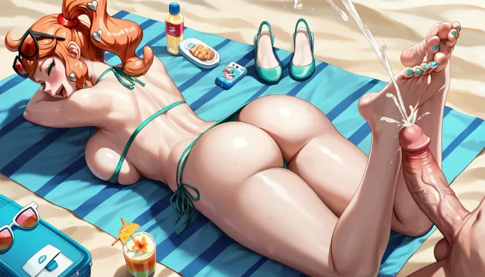 Sonia Pokémon nude on the beach, laying stomach down on a towel, large breasts pushed on the ground, large ass, knees together, frontal shot, high angle view, sunglasses, laughing, kicking feet in the air, penis masturbating above her, ejaculating penis, footjob