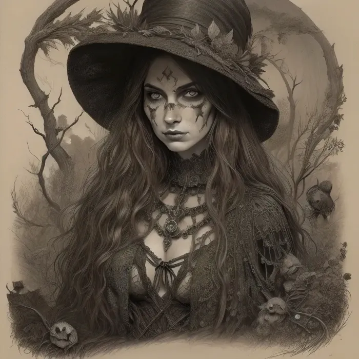 A detailed, sepia-toned Gothic-style drawing. It depicts a toplees witch with long, wavy hair, wearing a pointed, leaf-decorated hat and a tattered cloak. Her face is painted grotesque. Surrounding her are skulls, bats, and twisting, thorny vines, creating a macabre, eerie atmosphere. The background is densely filled with intricate, organic patterns. Dark, mystical atmosphere. #©KITTYART

























#©KITTYART