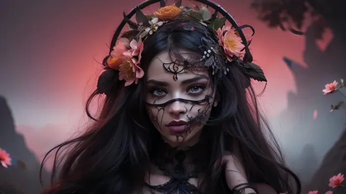 A illustration in bright pastels of a woman with an elaborate, gothic-inspired theme. She is shown from the shoulders up, with her face partially obscured by an ornate masquerade mask. The mask is highly detailed, featuring intricate, symmetrical designs with floral and baroque patterns, giving it a baroque and gothic feel. The woman's lips are painted a deep, dark color, matching the aesthetic of the image. Her hair is styled in an elegant updo, adorned with a crown of large, artificial white flowers, adding a touch of contrast and softness to the otherwise dark and dramatic scene. The background is a richly textured floral pattern, enhancing the baroque theme of the mask and flowers. The lighting is soft yet focused, highlighting the contours of her face and the textures of the mask and flowers, creating a dramatic and mysterious atmosphere. The overall composition is striking, with a strong contrast between the dark elements of the mask and lips and the lighter, softer elements of the flowers and background. The photograph captures a blend of elegance and gothic mystery, making it a captivating and visually rich image. romantic sunset, red, smoke, colorful and vibrant, mystical colors, iridescent perspective view, sweeping circling composition, non-representational, colors and shapes, expression of feelings, imaginative, long shadows, dreamy mood, detailed photo, photorealistic photo, realistic pretty women photo, realistic night vision, soft fokus, parallax, overexposure, photo style, she kneels, cinematic, filmic, scribbled lines, surrender, polychromatic, diffuse, #©KITTYART