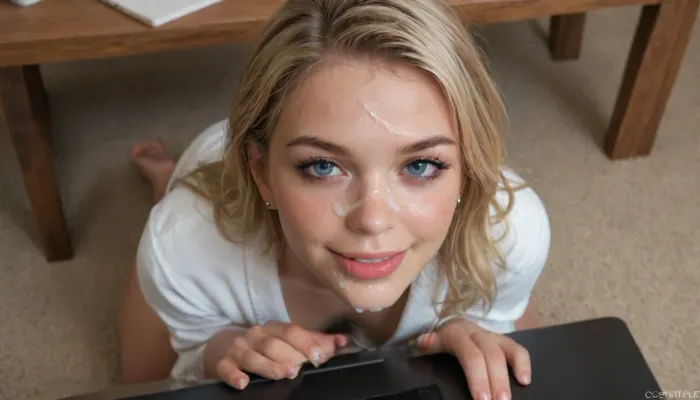 Gorgeous 21yo blonde girl kneeling looking at viewer from under the desk with a laptop, gorgeous face, wearing a sexy white bathrobe, cum on face, smiling, ruined makeup, facial, perfect facial, clear cum, tongue out, <lora:Facials:.6>