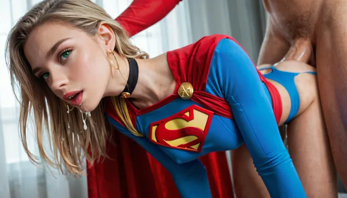 1girl, (fucked by big thick cock, (long penis, long cock)), ((beautiful face, pretty face, green eyes, light brown hair)), ((ripped clothes, supergirl outfit)), choker, medium breast, slim body, minislimwaist, cock thicker than torso, huge cock, huge massive cock, incredibly thick cock, erect cock, gigantic cock, cock longer than head, rough sex, ((having anal sex, standing, doggy style, tied up)), easynegative, slender, score_/_up, score_6_up, innocent, shy, skinny girl, pussy exposed, cum on pussy, cum on tits