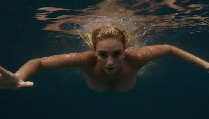 Masterpiece, cinematographic, sunny weather, On a carabbean private island, a ultra modern billionnaire villa in the background, (full view of a small private lake with natural banks and turquoise freshwater:1.1), tropical flowers, tropical trees, (picture from the shore of the lake:1.5), full view of 1 solo woman 20 years old, beautiful danish face, tip-tilted nose, Well-Built, curveceous saggy breasts, completely naked, golden hair, updo hairstyle, wet hair, (swimming face down:1.8), (hands joined underwater in front of her:1.5), (swimming breaststroke:1.5), (she swims towards the viewer:1.5), hands joined in the first breaststroke movement, (head above waterline:1.8), (shoulders above waterline:1.8), (view from outside the water from the shore from above:1.8), (the rest of her body that is underwater is visible through the crystal clear waters:1.8)