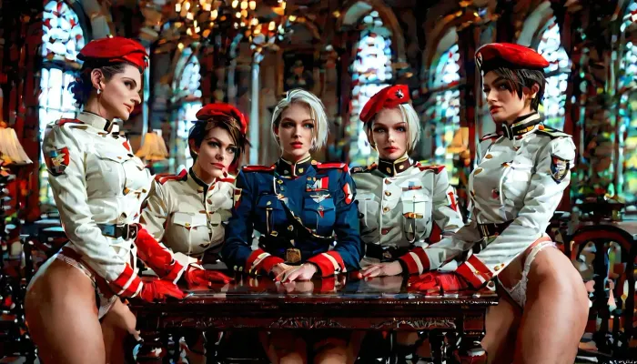 (bottomless only white lace thong:1.3), (Military Beret:1.2), (White military uniform:1.2), (red military uniform:1.2), Fully dressed in military uniform, Fully clothed, three women, Four women, A female head of state and her guards during a press conference, Women standing side by side on chairs at a table, Women standing behind a table, Women standing in front of the camera, (Isabella Valentine), (Jill Valentine), (tracer from overwatc), multiple girls, beautiful face, perfect face, highly detailed beautiful face and eyes, attractive face, very curvy, Lots of adult women, long legs, stylish, big boobs, perfect body, high heels, nipples, perfect tits.full body, A female soldier who is engrossed in tabletop exercises