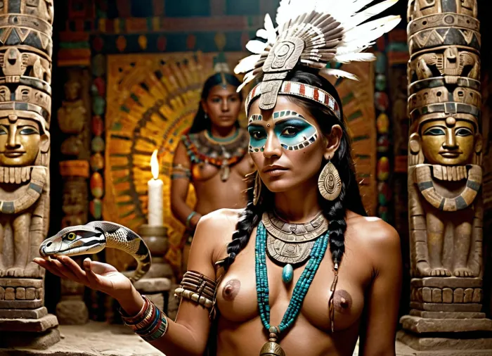 Aztec priestess, in a crystal temple, face painted with ritual patterns, ritual Aztec headdress of feathers, beautiful half-naked figure decorated with amulets, holding in her right hand a snake, in her left hand maize.
