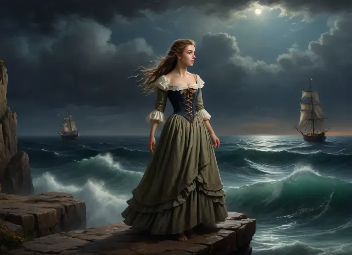 girl in fluttering tattered and torn medieval ragged dress stands on high cliff above sea, stormy sea in the right part of frame, sinking sailing ship on the horizon, girl looking out to sea, gale force winds, girl looking at sinking ship, view from distance, (oil painting in Aivazovsky style, night, nighttime, low lighting, highly detailed figure, at night, darkness)