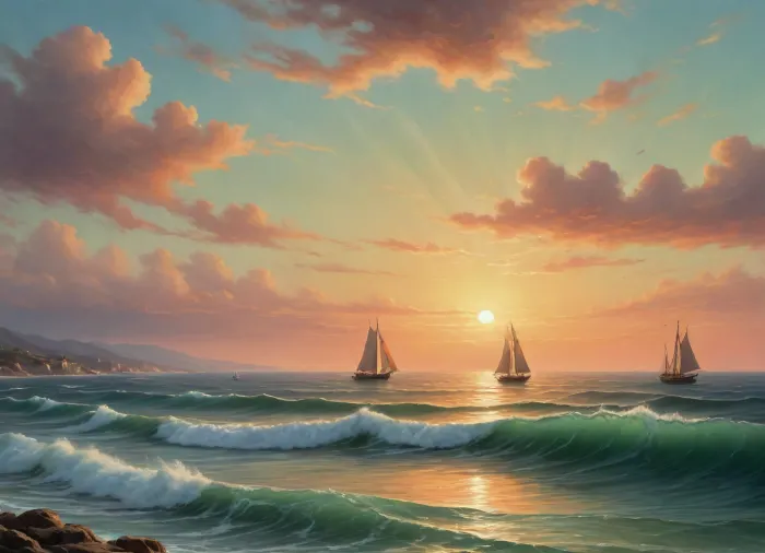 The painting is in the style of the Russian artist Ivan Konstantinovich Aivazovsky.The painting depicts the evening dawn of the sea near Malaga, a Spanish port city.

A boat is sailing through the high waves of a choppy sea, the rowers are working their oars with all their might to overcome the waves. Longboats and ships with lowered sails are parked at the pier.

The rays of the setting sun turn the edge of the pale green sky into a honey-yellow color, against which city buildings are clearly outlined, [1], .

The work is painted in bright colors. The author depicted the sky in one step, using a wide range of shades — light green, turquoise, pink, yellow, orange. The heavens are reflected on the surface of the rolling sea, coloring the waves in the same colors. The painter conveyed on canvas with realistic accuracy transparent sea waves, on the crests of which foam crests bloom, which crumble as they approach the shore., painted in the so-called oriental taste.