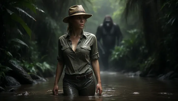 A slender blonde solo jungle explorer looks extremely seductive while wading through a jungle stream, (flat-chested:1.5), hot, perfect face, silent smile, perfect hands, perfectly slender body, tight butt, fully dressed in a, (wet trekking cargo-pants, shirt, hat and trekking backpack:1.7), (highly detailed jungle fauna:1.4), (extremely heavy monsoon rain:1.4), backdrop, (some curious huge gorillas in the blurred background:2), fanju, Jungle by night, w4t3rf4ll, cloudy, smoke, atmospheric, clouds, fog, <lora:Jungle_w4t3rf4ll:.8>, <lora:Cloudy_Style:1.2>, <lora:MJ52:.5>, <lora:dark:.4>