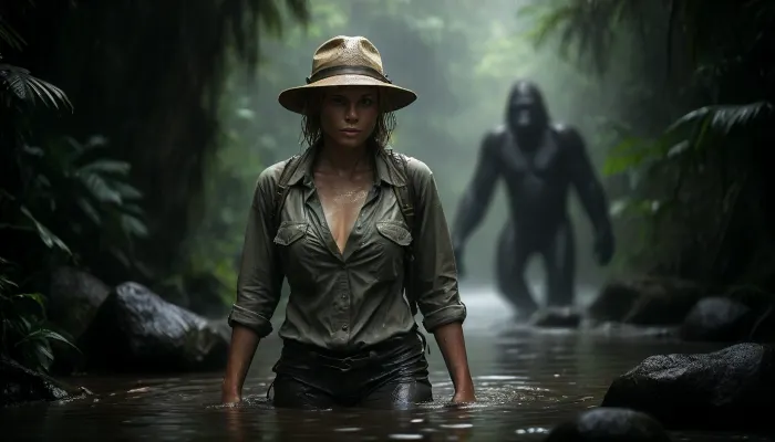 A slender blonde solo jungle explorer looks extremely seductive while wading through a jungle stream, (flat-chested:1.5), hot, perfect face, silent smile, perfect hands, perfectly slender body, tight butt, fully dressed in a, (wet trekking cargo-pants, shirt, hat and trekking backpack:1.7), (highly detailed jungle fauna:1.4), (extremely heavy monsoon rain:1.4), backdrop, (some curious huge gorillas in the blurred background:2), fanju, Jungle by night, w4t3rf4ll, cloudy, smoke, atmospheric, clouds, fog, <lora:Jungle_w4t3rf4ll:.8>, <lora:Cloudy_Style:1.2>, <lora:MJ52:.5>, <lora:dark:.4>