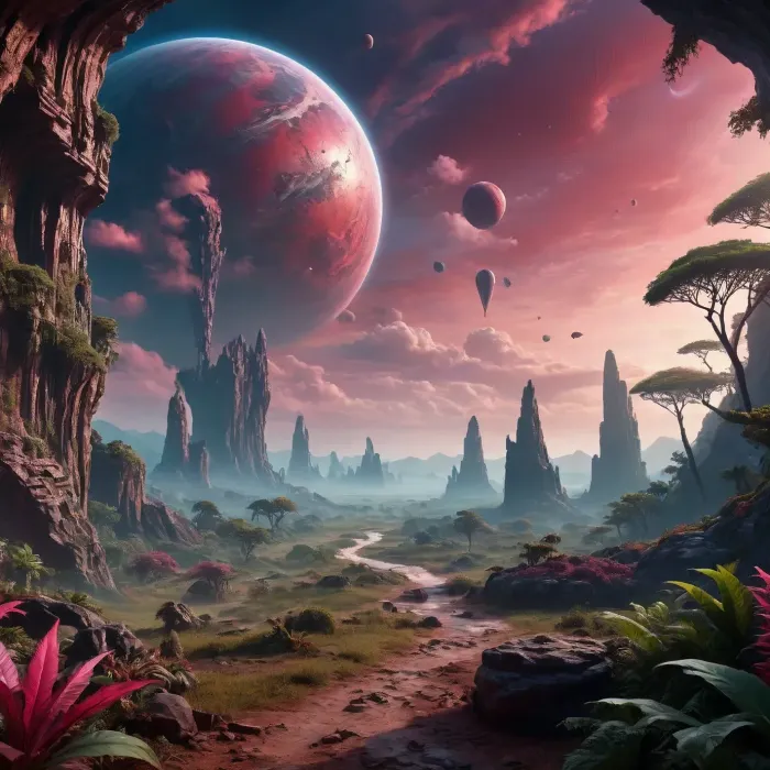 fullcolor image, 8K quality, satellite planet, fantastic jungles, alien strange landscape, alien ruins, fantastic animals. Ruby clouds. Era of space travels, cinematic atmosphere.