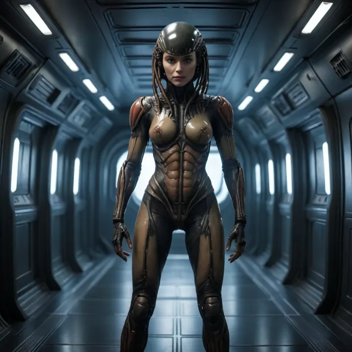 The face must be recognizable.

A woman in a futuristic and erotic battle suit stands in the corridor of a spaceship. The xenomorph from the movie "Alien" inserts his strange penis into the woman's pussy. At the same time, the xenomorph inserts the tip of his tail into her anus.