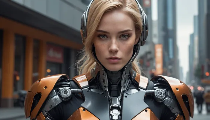 photo, 8k portrait of beautiful cyborg with blonde hair, freckles, intricate, elegant, highly detailed, majestic, digital photography, art by artgerm and ruan jia and greg rutkowski surreal painting futuristic robotic armor helmet, full skull covering, only her beautiful supermodel face visible, memory form metal, black and orange armor color, Iron man style, badass powerful armor, broken glass, riding a heavily weaponized futuristic bike, large tires, black and orange color, Huge bike is fully in frame, in the street of a futuristic city, futuristic buildings, (masterpiece, sidelighting, finely detailed beautiful eyes:1.2), hdr, realistic, high definition, <lora:add-detail-xl:-1>