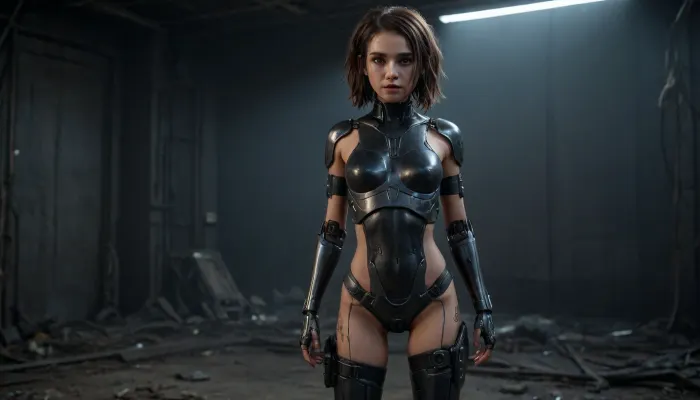 Full body view, full-length, 20000444.0, ((very pretty petite girl)), Surviving in Style girl in a Post-Apocalyptic, Future Explore a vivid collection of AI-generated images featuring women in a post-apocalyptic world, showcasing their unique survival outfits that blend beauty and resilience. These striking visuals depict a range of characters, each adorned in futuristic armor, robotic elements, and innovative designs, reflecting the challenges of life in a transformed reality. Discover how these women navigate their environment with style and strength in a visually captivating journey through survival in a dystopian future., (flat-chested), ((background Dark Sci-fi)), <lora:Thigh_gap_SDXL:.8>, <lora:ahxl_v1:.8>, <lora:Dark_Sci-fi_v2-000001:.8>, zavy-cbrpnk, faceplate, <lora:zavy-cbrpnk-sdxl:.8>