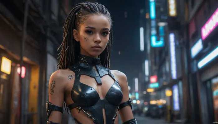 20000425.0, (full body portrait), (((Very Petite girl))), goblincore, fairycore, gothic, A powerful futuristic warrior woman with dark skin and intricate cybernetic facial tattoos. Her braided hair is adorned with metallic embellishments, giving her a regal yet battle-hardened look. Her piercing blue eyes shine under the cool neon glow of a high-tech dystopian world. She wears a sleek, armored bodysuit with biomechanical elements, exuding a commanding presence as a leader of a cybernetic rebellion, aesthetic, ((black younder girl)), ((flat-chested:1.7)), Post, apocalyptic, Android, Robot, Futuristic, image, Cyberpunk, city, Utopia, Cyborg, <lora:Our_future_XL:.8>