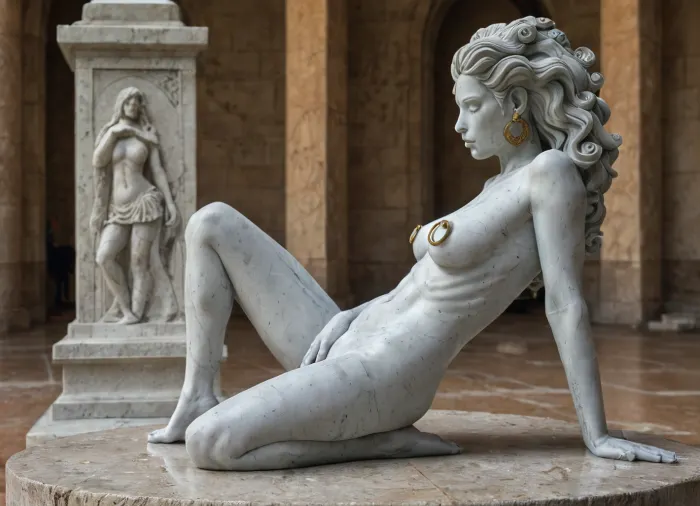 1 statue solo, 18 year old skinny female statue, ((detail she has fine porceline ceramic stone skin, stone marble female girl statue:1.1)), full body view, naked, expression of lust craving the dildo, masturbation, huge golden nipple ring, ((detail separate decorative golden horsecock dildo across the room:1)), part side view, stone statue girl