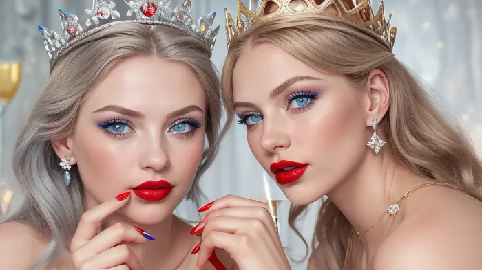 Anastasia with a glass of champagne in her hands.Full-face. Blue eyes and bright red lips.Bright red manicure.Bare shoulders.She wears a diamond crown on her head.