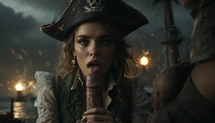 1girl, 1man, beautiful flat-chested, (Diana from warcraft), gives a sensual blow-job to old gigantic male pirate captain, (oral sex:1), (Diana is an incredibly beautiful woman with a slim and athletic build), perfect face, (she wears somewhat revealing clothes, consisting of a white blouse with seperate long sleeves, with a dark green vest that reveals her abdomen, black bell-bottom pants, black high-heeled boots and wears a black pirate hat on her head), (in front of an old harbor bar in a dark alley), (exploding pirate sailing ships in the background:1.6), (pirate harbor:1.4), (old male pirate captain), cumming onto face, heavy rain, night, storming, action pose, random view angle, huge explosion in harbor background shines brightly the body of the sexy pirate, wet, wet clothes, wet skin, wet hair, PiRe, sea, ship, creatures, adventure, Explosion, Artstyle, <lora:MJ52:.5>, <lora:888698_training_data:.7>, <lora:Pirate Ship Concept Art (VW Style)_epoch_10:.3>, <lora:dark:.1>, <lora:Explosion Artstyle - Trigger is Explosion Artstyle:1.1>