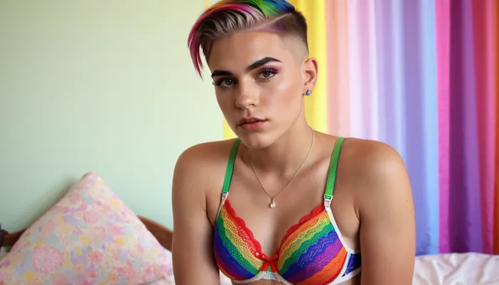Young queer dominant feminine boy, bra, ((boyish underwear)), gay pride rainbow colors, non nude, thick eyebrows, short hair with undercut, piercings, bulge