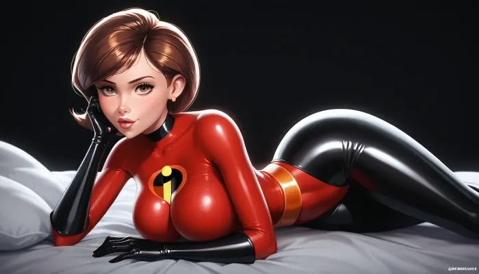 Helen Parr from The Incredibles, solo, full lips, thick lips, huge chest circumference, dark olive skin, undersized tight micro Starfleet Officer metallic high-necked long-sleeved high-rise bodysuit, sexy pose on the bed, black background