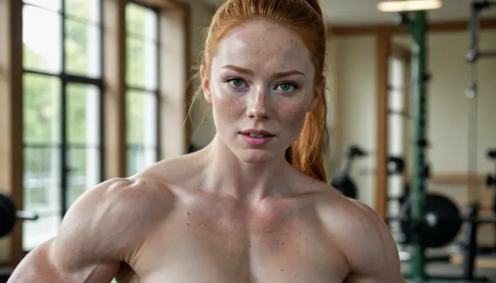 chinese women all natural ginger, pale skin, freckles, green eyes, nude, in the gym working out, uberfit, muscular, athletic, <lora:uberfit_lora_sdxl:.8>