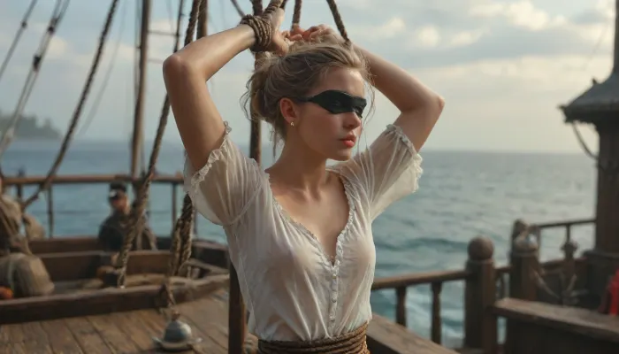 16th century. Full body view of Diana on deck of a historic sailing ship. Diana is a beautiful blonde, athletic, slim, flat-chested woman with a perfect face and perfect hands. Diana is a prisoner of pirates and at their mercy. The normally elegant Diana is dressed only in a long, tattered, dirty linen shirt and blindfolded. Diana stands next to the mast, Diana's hands are tied up to the mast of a historic pirate sailing ship, arms up, surrounded by several rough pirates dressed in used pirate costumes, raw, <lora:MJ52:2>, <lora:255596_training_data:.8>, <lora:888698_training_data:.8>