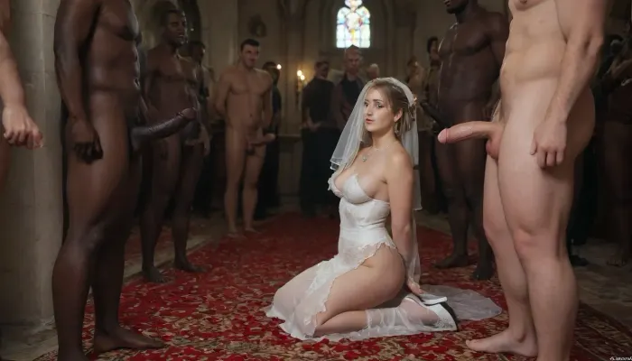 A humiliated white bride in a wedding scene, kneeling submissively before 5+man dominant black men with giant black Penis, group sex, gangbang, wearing a white slutty wedding dress with a torn veil, a black spade symbol on a necklace around her neck or a black spade tattoo on her stomach, kneeling in shame, a dark and erotic wedding setting with red lighting, rose petals on the ground, a sign saying 'Worthless White Groom' in the background, power dynamics, racial humiliation theme, real breeding fantasy theme, cinematic style, bnwo, highly detailed, dramatic lighting, 8k resolution, rope, black, bondage, caved cuckold penis, inside church, <lora:SDXLHighDetail_v6-000005:.7>, <lora:bdsm_SDXL_1_:1.4>