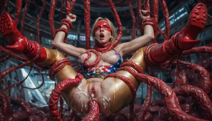 hyper photorealistic masterpiece, maximum quality, maximum details, maximum realism, score_9, score_8_up, (spaceship:1.2), (blonde hair, pubic hair), (Mature woman), (suspended, bdsm, wrists held by tentacles, ankles held by tentacles), (((seamless sheer shiny gold pantyhose:1.2)), (American flag sling swimsuit:1.1), red wide waist belt, red high heel boots, red eye mask, (realistic anus, realistic vagina), shocked, choking on tentacle, tentacles squeezing breast, (cum on pussy, cum on ass, cum on legs, cum on breast), (Red veiny tentacle monster:1.6), (vaginal, anal:1.2), pImgFixerPre0.3, detailxl, NEGATIVE_HANDS)