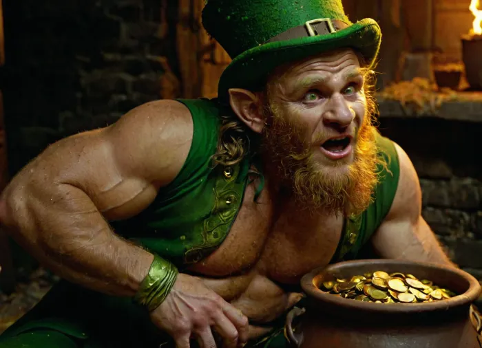 A green Irish leprechaun . muscular. He sleeping on a pot of gold He has a large, pointed nose with warts and large, pointed ears. Her belly sticks out a lot, Just like pregnant. visible navel. He has yellow eyes with torn black pupils . He wears torn and stained clothes. He is a terrifying fantasy monster .
