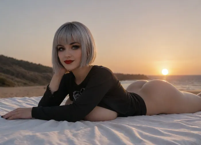 pretty face, (round ass:1.2), (huge breasts), Emo girl, girl 25 years old, silver hair, (bob cut with bangs:1.5), smile, Blue eyes, goth girl, goth makeup, red lipstick, cat eye makeup, smudged makeup, no underwear, sunset, lying on stomach, side view, looking back, makeup, (goth)