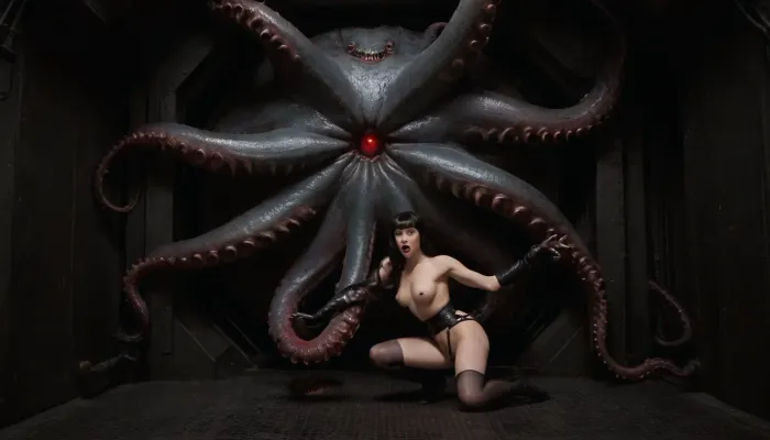 masterpiece, best quality, highly detailed, epic, gorgeous, film grain, 1 woman 1 monster, the scene is inside a large hangar bay of a 1930 Flash Gordon style spaceship, steel blue metal plates are forming the walls, connected with nuts and bolts, a metal grid floor, with thick steam coming up from below, in the background a large hand wheel, it is attached to the rear wall, next to a big octagonal pressure door wide open, with lots of bolts, the pressure door is wide open, swinging outside and it is made from thick layers of steel, the open door gives view to an alien planet with purple atmosphere, through the open pressure door a huge monster with three eyes is entering the hangar, the monster's skin is gray green, it has slimy skin, its eyes are glowing red, its body is covered with red pimples, the monster pressing itself inside through the pressure door, the monster is staring at a nude young woman lying on the floor in front of it, the woman has sweaty skin and is shaken from fear, she has large round breasts with hard nipples, she has long black hair Betty Page pony, she wears 1950's pinup makeup, the woman wears black stockings, a black latex garter belt, long black gloves and high heel boots, the the woman is screaming in panic and horror, the monster is holding the woman's legs and breasts with its curled tentacles, squid, octopus, curled, <lora:polyhedron_tentacles-000005:.8>, z3rg, monster, tentacle, <lora:derv-z3rg-SDXL-CIVIT:.8>