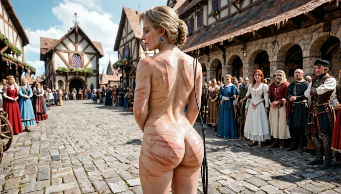 Ultra HD, Cinematic view, shot from distance, depth of field. Beautiful naked blonde blue eyed scandinavian girl, on a medieval market square, Hanged on the gallows, ((gallows)), (hands cuffed behind her back), . She is brutally whipped out, (((brutally whipped)), facing the crowd, showing her ass. she has plenty of severe whip marks at her back, plenty whip marks at her ass, (((whip marks))))