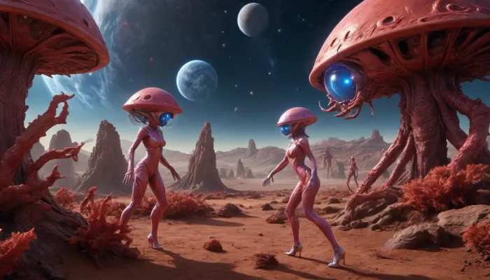 Breathtaking cinematic scene, side view, action pose, an alien desert planet blue sun in background, red plants covering the ground, masterpiece, best quality, high quality, award-winning, professional, highly detailed, 2 nude 20-year-old Space girls, wearing colorless, fully transparent catsuits, fully transparent bowl helmets, silver high heel boots, silver gloves, and laser pistols, the space girls are fighting off a giant crab monster, the space girls a fireing their laser pistols at the the crab monster, they are hitting the crab monster with blue beams, Sp4c3, Sc3n3, planet, stars, nebulae, sky, <lora:EnvyPulpScifiXL:.9>, <lora:Miniature_Space:.8>, z3rg, monster, tentacle, <lora:derv-z3rg-SDXL-CIVIT:.8>