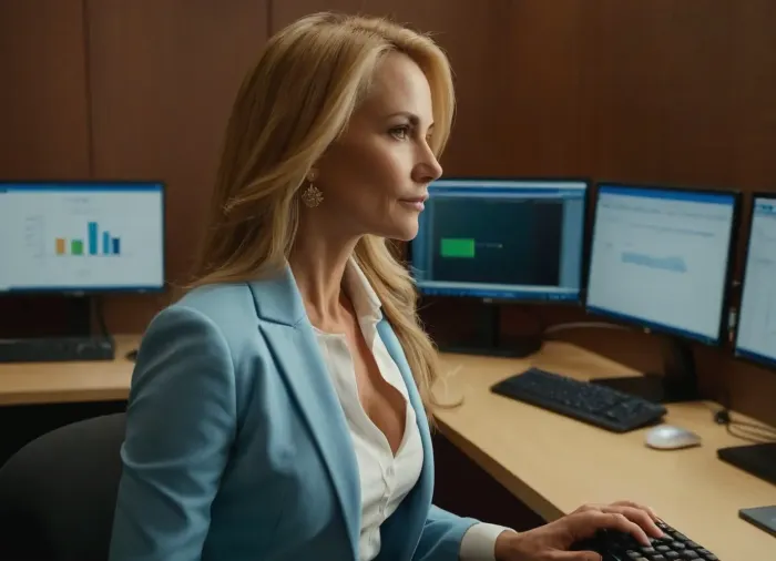 ((side view of sitting Russian woman), lady boss, (45 year old, milf, honey blonde:1.2)), slim narrow waist, wearing 2 piece pale blue business suit, pencil skirt, open blazer, white blouse visible, white blouse under the suit, printing at the computer, in a busy office, detailed face, long lush hair, very realistic, best quality, highly detailed, OverallDetail, undersized, bra, huge, breasts, skindentation, cleavage, underboob, sideboob, bursting, nipples, fakebreasts