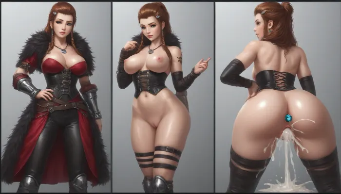 Close up of sensual stunning brigitte from Overwatch mature look, oiled, big ass View from waist down, solo, Braided hair with interwoven leather bands and a few silver beads. Makeup is smoky around the eyes with a touch of war paint, War paint on the face, full lips, thick lips, huge chest circumference, muscular, wearing A tight fitting leather corset in dark brown, decorated with metallic rivets and laced sides, An asymmetrical skirt made of coarse fabric short in the front longer in the back, tight fitting leather leggings with leg wraps, High leather boots with buckles, A wide belt with rune embossing and small pockets for daggers and potions, arm warmers made of fur and leather, long fur cape a necklace with a Thors hammer pendant, Butt Plug with diamond, Sensual, erotic, wet orgasm pussy, extreme gigantic cock with many prominent veins deep penetration in pussy, extreme deep penetration, open pussy, extreme big pussy, excessive cum in pussy, Point of View