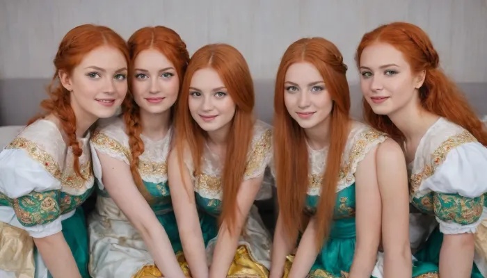((group of 7 Russian redhead beauties in national costume sitting on bed), , :2), (blonde girl behind her), lace filigree of bright, rich color. Super clear, highly detailed watercolor, glaze technique, plus colored alcohol ink, style of V. Vasnetsov, sucking dildo, Russian national costume, hug, (head over shoulder), touching boobs, touching pussy under skirt, spread legs, (braid), lesbians, m size boobs, exposed breast